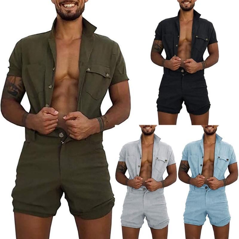 

Casual Los Hombres Conjuntos 2021 Men's Home Pocket Fashion Jumpsuit Summer Pure-colour Large Size Clothes Button Jumpsuit, As shown