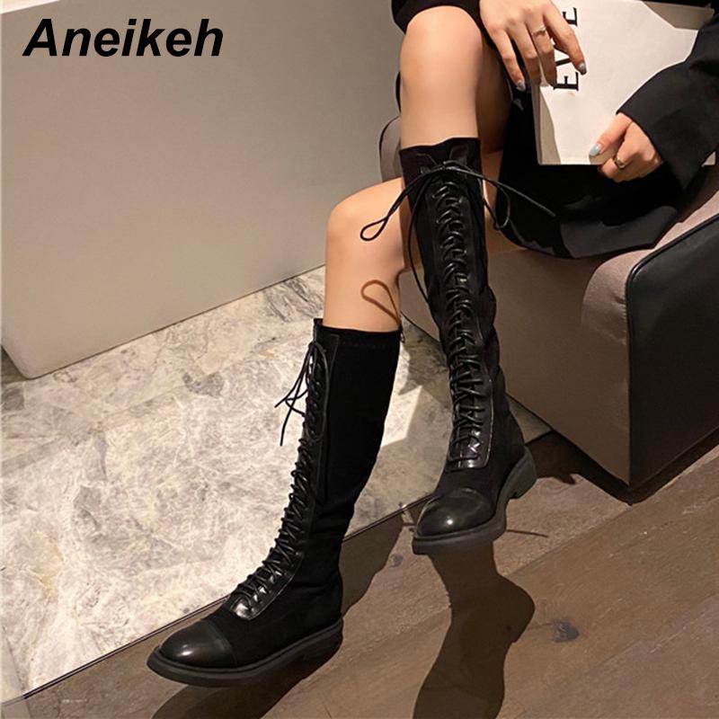 

Aneikeh Spring Women Shoes Mid-Calf Riding Equestrian Flock Cross-tied Square heel ZIP Round Toe Black Size 35-39 Fashion New