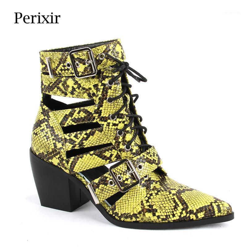 

Perixir Spring Ankle Boots for Women Green Snake Hollow Out Buckle Short Boots Lace Up Sexy Pointed Toe Western Cowboy Shoes1