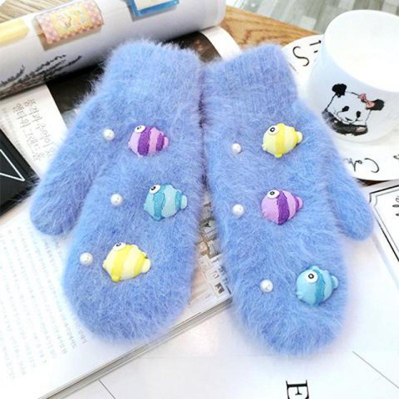 

Fashion Korean Fur Blended Warm Women Gloves Cute Pearl Color Small Fish Mittens Girls Female Gloves AGL106