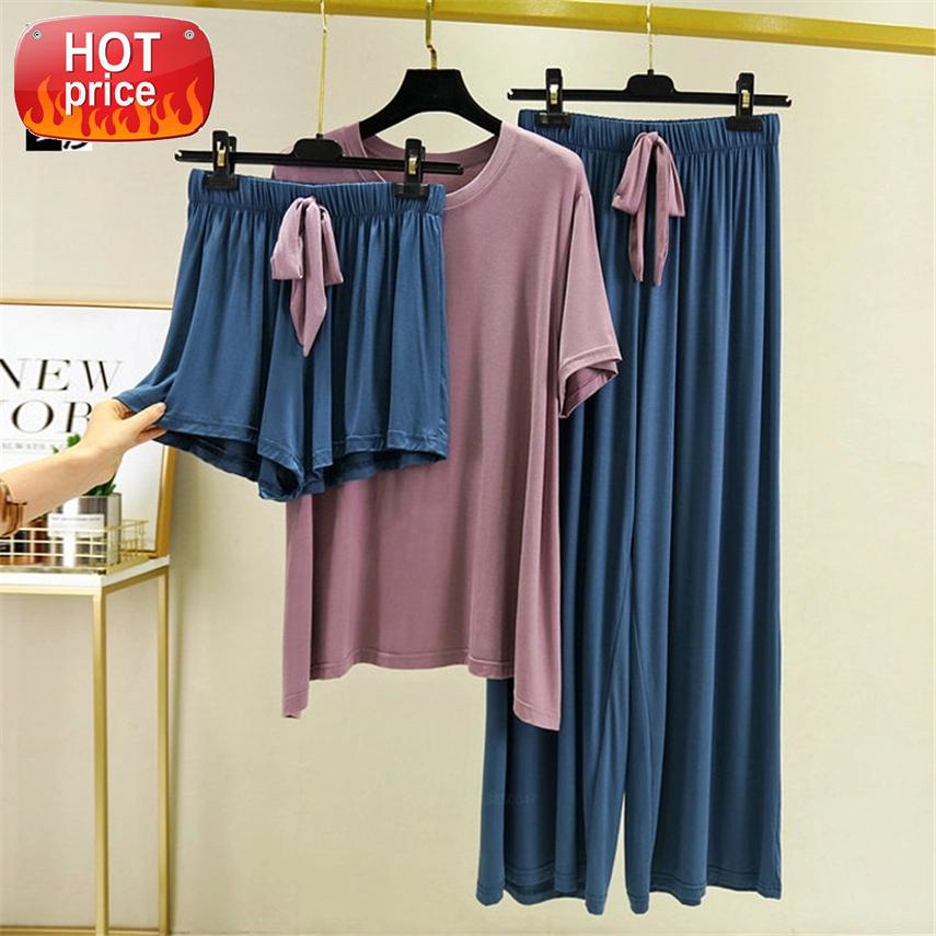 

Net Red Hit Color Suit Female Home Clothes Short Sleeve Two-piece Set Casual Loose Modal Pajamas Summer Women Pijama Mujer #E06E, Black;white