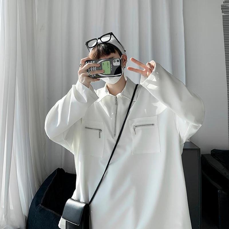 

Men's T-Shirts Zipper Pocket Long Sleeve Men T Shirt Lazy Wind Office Fashion Casual All-match Blouse Couple Clothes Oversized High Str, White;black