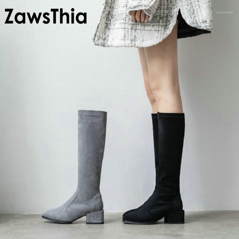 

ZawsThia designer winter woman shoes grey black chunky high heels womens knee-high boots stretch boots size 33-431