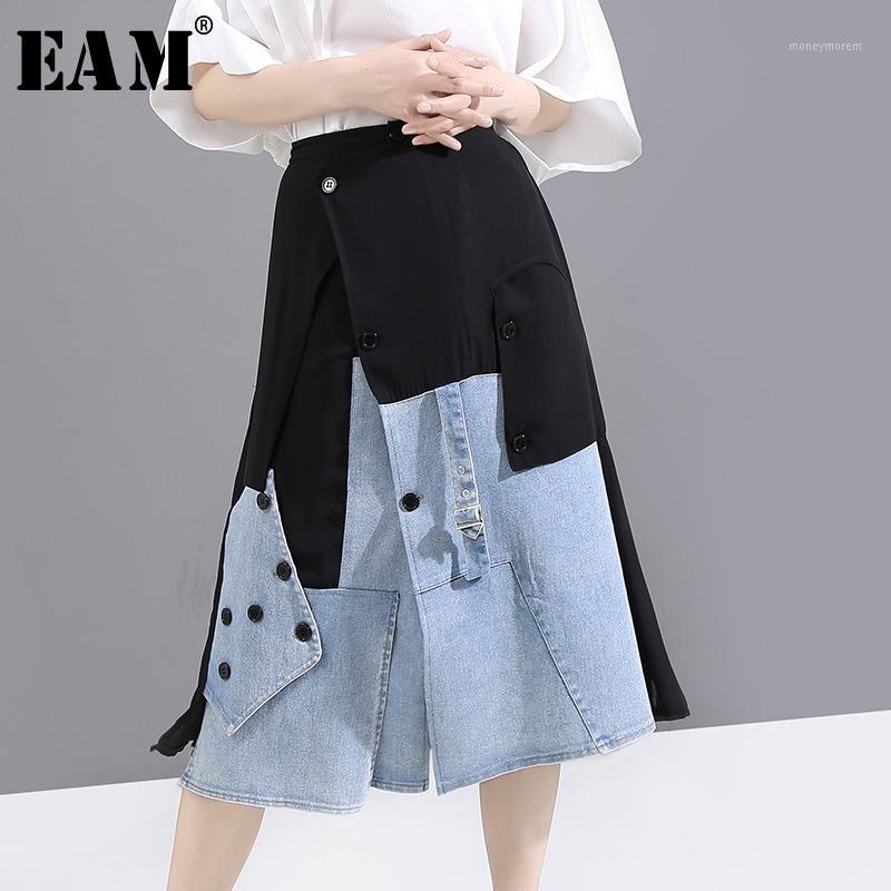 

EAM] High Elastic Waist Black Denim Split Joint Button Irregular Half-body Skirt Women Fashion New Spring Summer 2020 1U8331