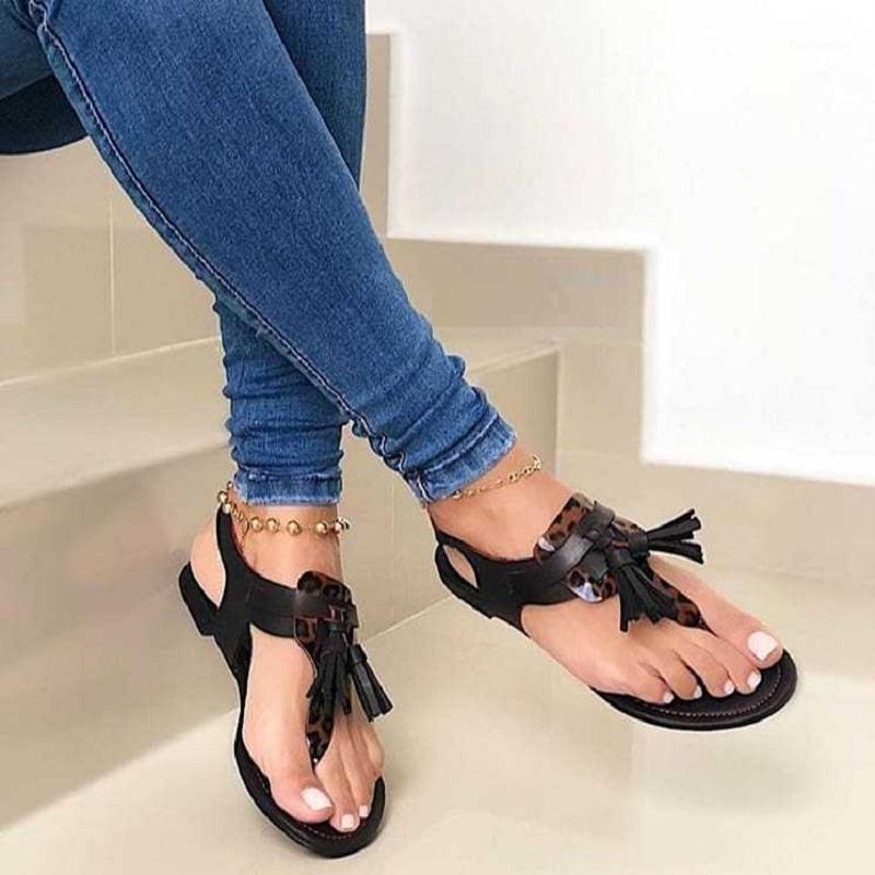 

Summer Women Flats Sandals Leopard Print Open Toe Ladies Flip Flops Fringe Buckle Strap Casual Female Beach Shoes Big Size1, Beige print