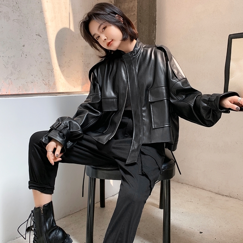 

FMFSSOM Big Pocket Loose Design BF MotoBike Zipper Puff Sleeve Chic Women Lady Pu Leather Jacket 210201, Black
