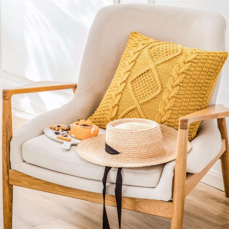 

Junwell Acrylic Knitted Cushion Twist Throw Pillow Sofa Office Back Braided Cushion Coussin Cojines Decorative 45x45cm Square, White