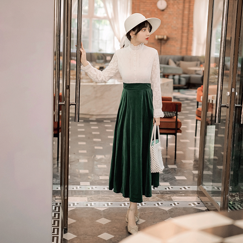 

White and Green Dresses 2021 Female Spring Velvet Cut Calf Lace Mid-calf Dress Vintage Sleeve Full 37gl, Blue