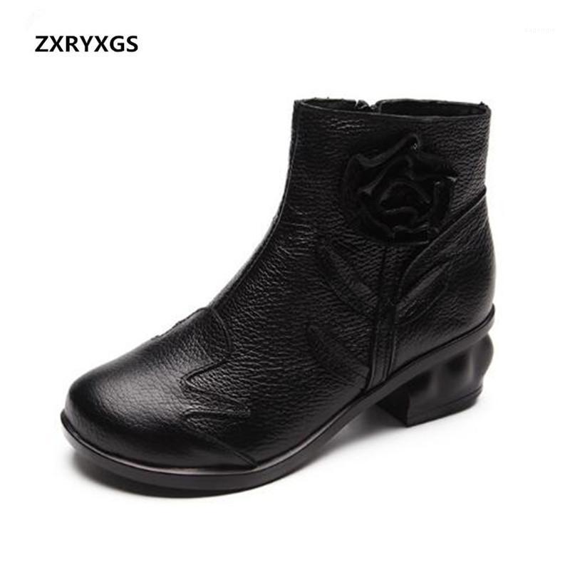 

ZXRYXGS Brand Shoes Elegant Flower Cowhide Leather Shoes Ankle Boots 2020 Autumn and winter New Retro Handmade Women Boots1, Black single boots