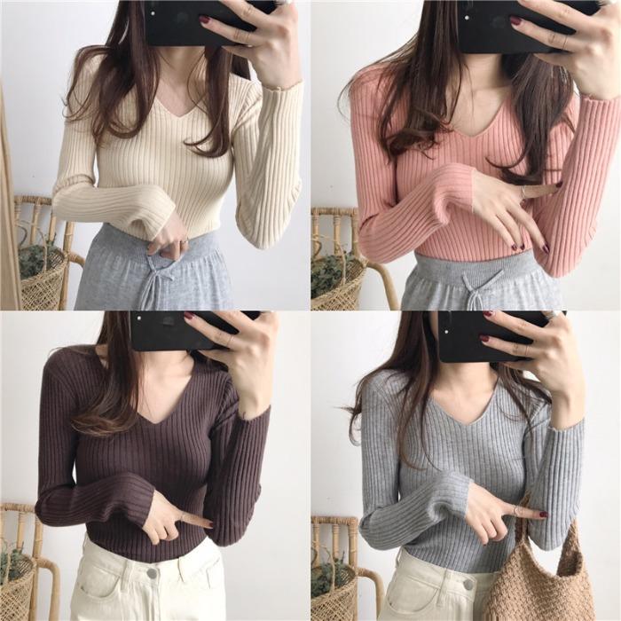 

2020 autumn winter solid color long-sleeved sweater women's Korean wild round neck pullover Slim student bottoming shirt top, Black