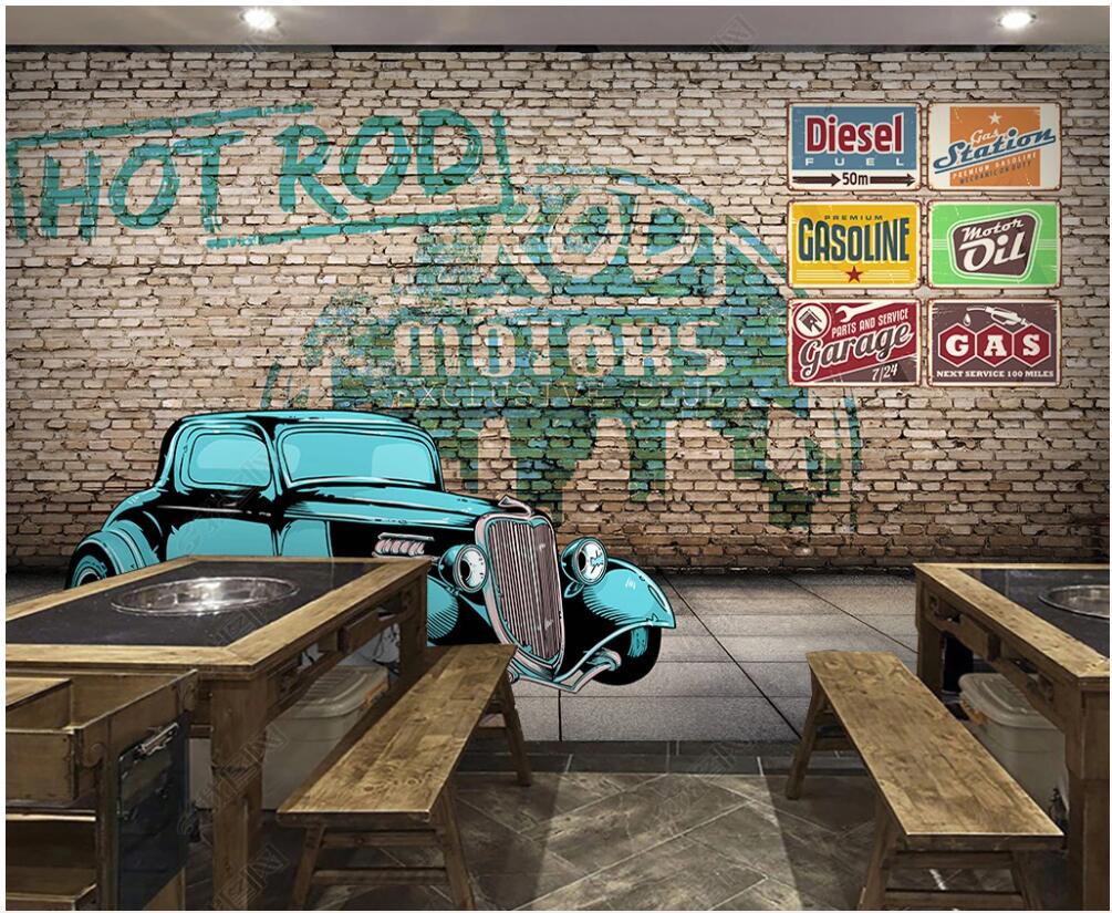 

custom photo mural 3d wallpaper Blue car graffiti brick wall home decor living room 3d wall murals wallpaper for walls 3 d, Non-woven wallpaper