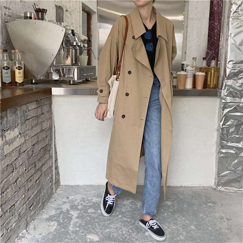 

Moda Feminina Elegante Cqui Trench Coats Coreano Duplo Peito Chique Estilo Britnico Solto Cinto Tnica Cintura Jaqueta Longa Bluso 48BB ES0Z, Black