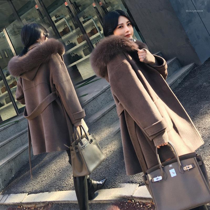 

Cocoon shaped woolen overcoat mid-length women's 2020 Winter new waist belt loose big fur collar hooded woolen coat pocket plus1, Camel gray