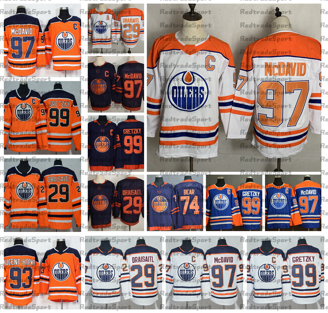 

2021 Reverse Retro Edmonton Oilers 97 Connor McDavid 99 Wayne Gretzky 29 Leon Draisaitl 74 Ethan Bear 93 Ryan Nugent-Hopkins Hockey Jersey, Blue