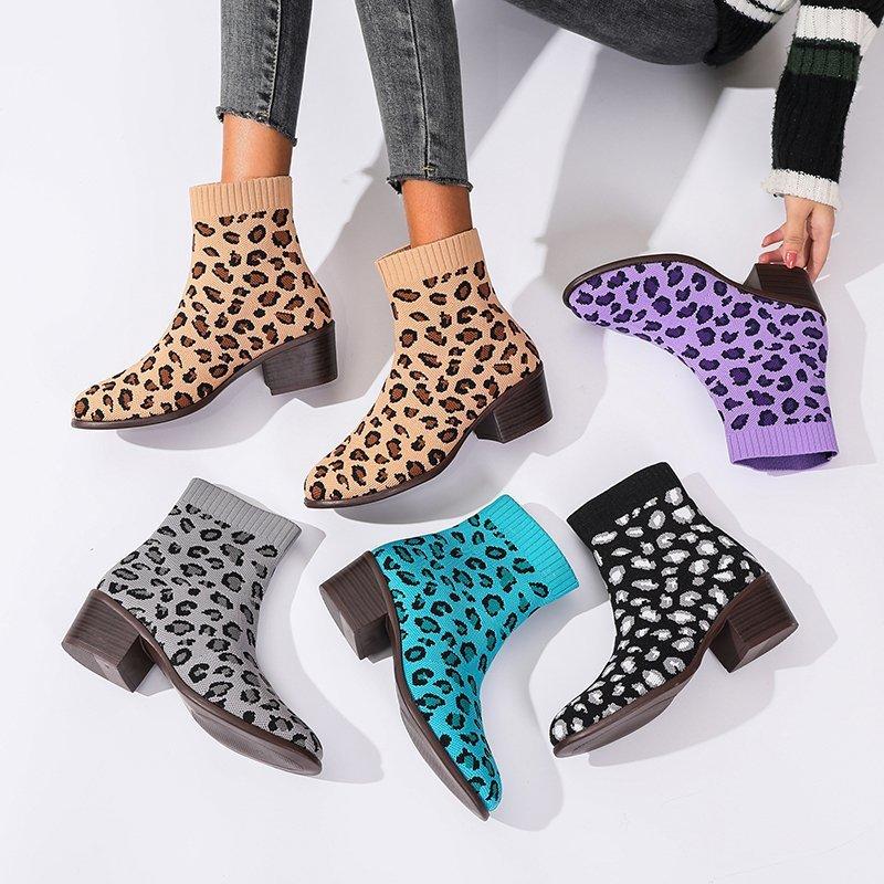 

European and American cross border women's boots knitted short tube thick heel short boots leopard print, Leopard black