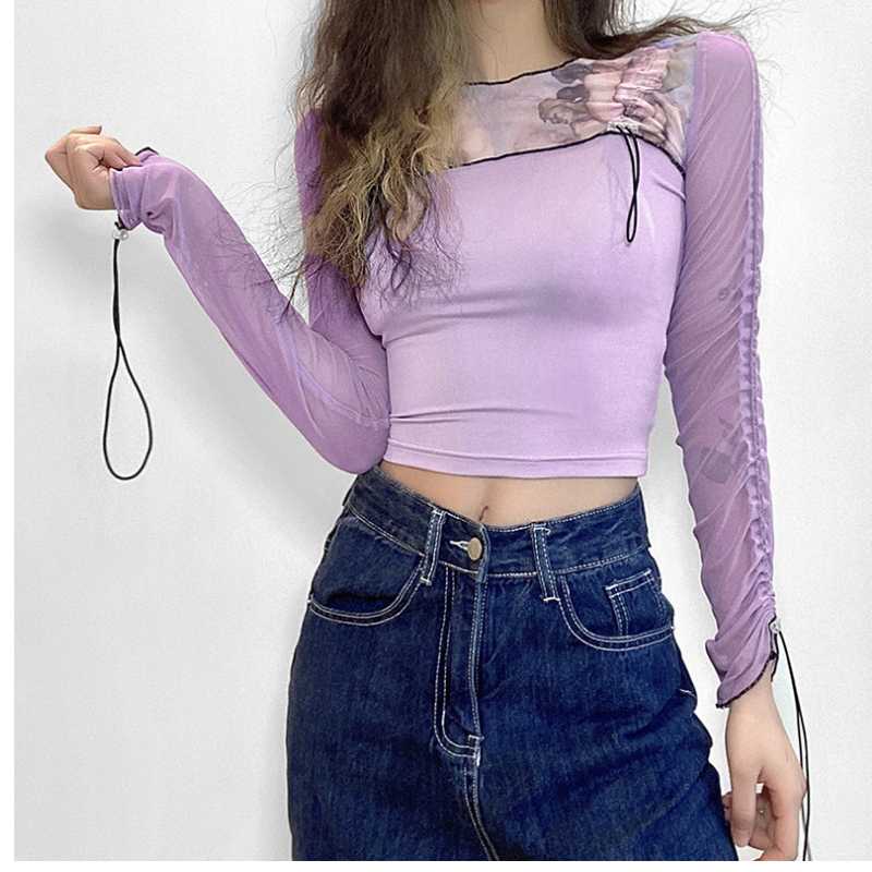

Women' gauze mesh stitching breathable fitness T-shirt outdoor sports foreign style printed top drawstring sleeve Yoga suit, Purple