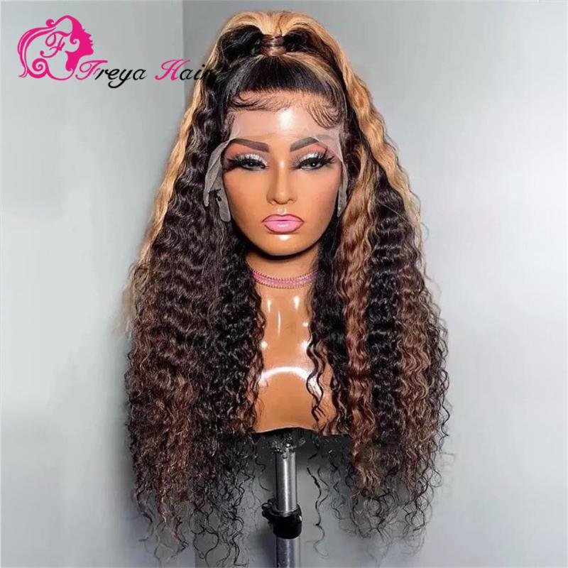 

4/27 Highlight Wig Brazilian Wave Wig Highlight 13X6 Human Hair Wigs Honey Blonde Ombre Lace Front Remy Hair, Black;brown