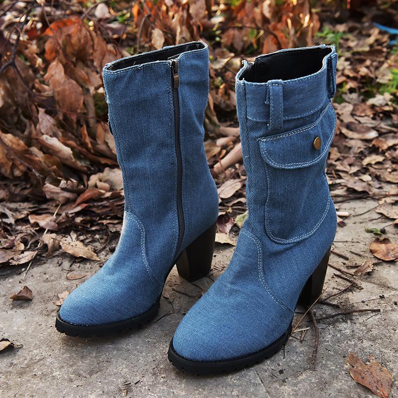 

Denim high heels women boots mid calf autumn winter platform boots vintage jean female western big size botas mujer, Black