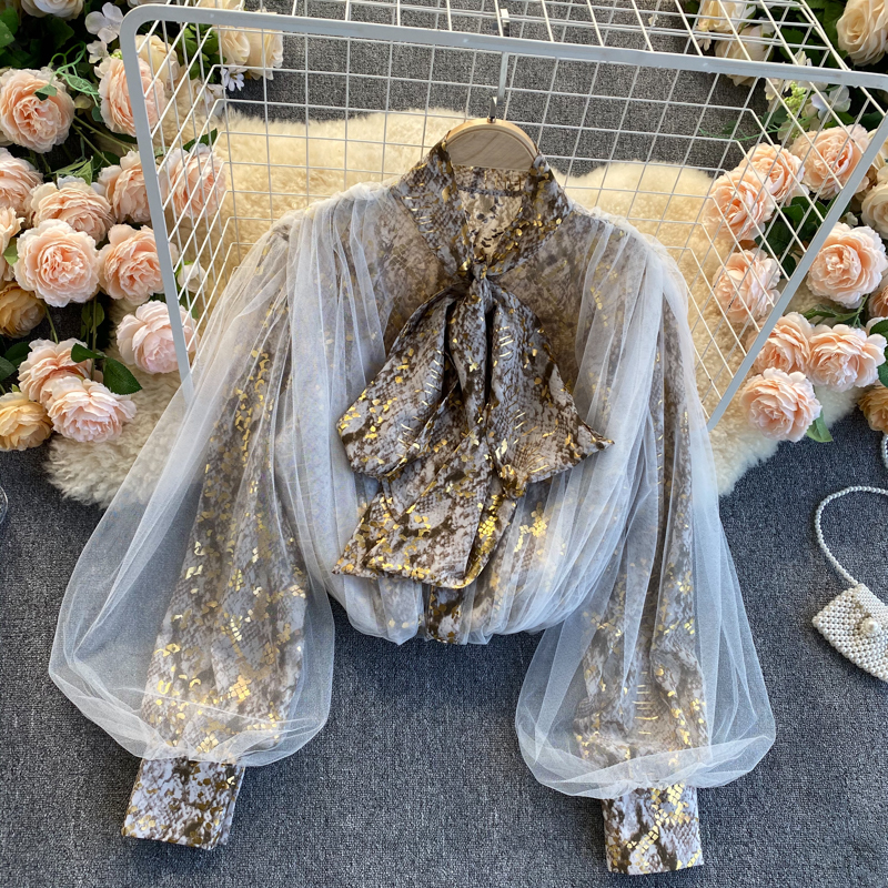 

2021 New Singiny female design mesh blouse fashion bow collar lantern loose autumn tops chic streetwear blouses FDDK, White