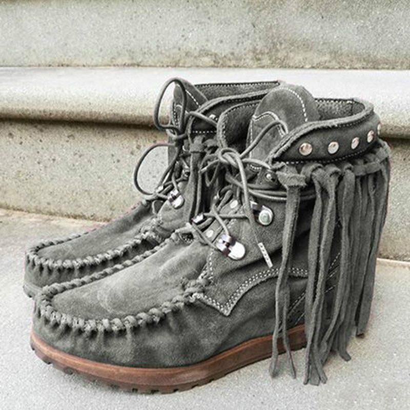 

Women Ankle Boots Big Size Flats Shoes Booties Gladiator Vintage Faux Suede Round Toe Lace Up Shoe Tassels Botas Mujer, Dp brown