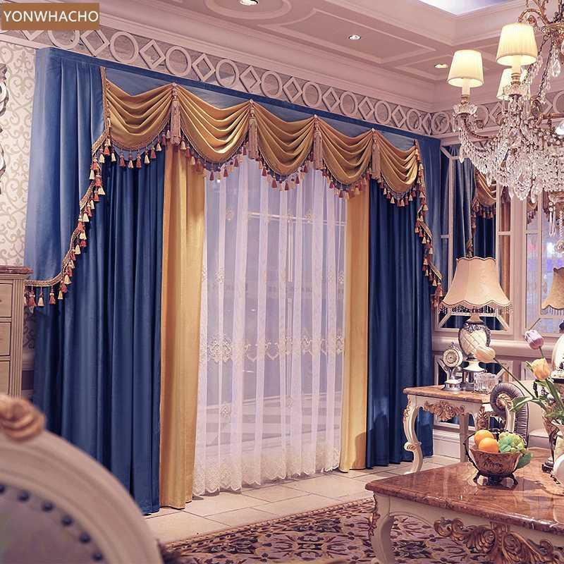 

Custom curtains Stunning European luxury living room atmosphere velvet blue cloth blackout curtain tulle valance drape B7681, Tulle sheer
