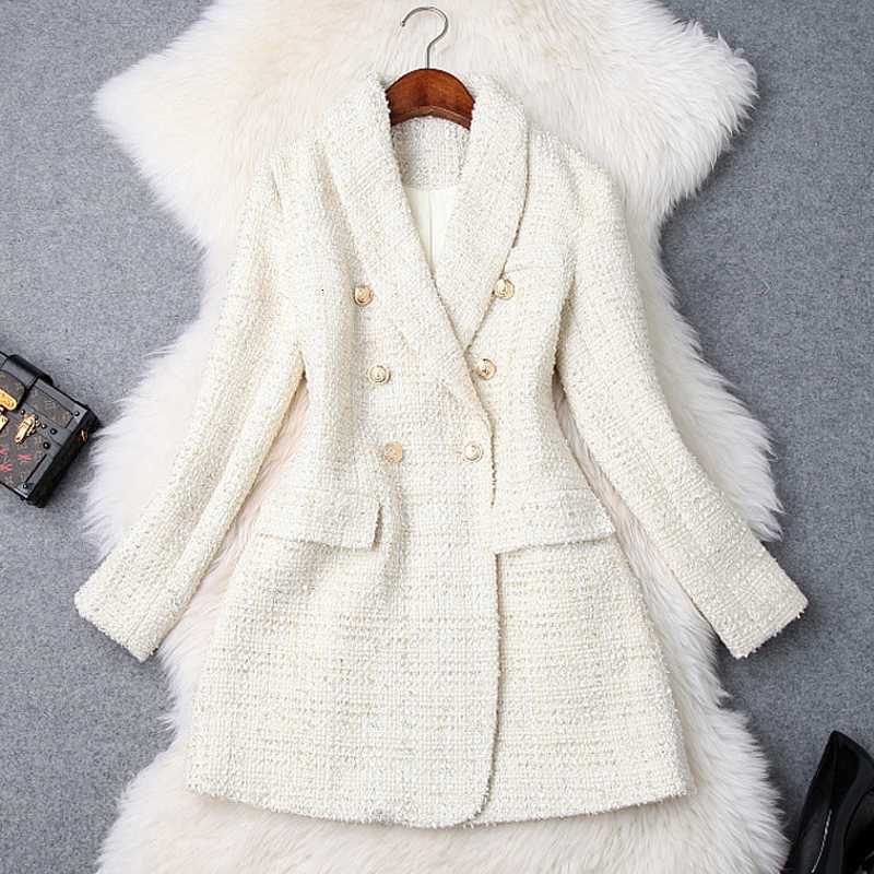 

Runway 2020 Designer Blazer Women' Double Breasted Metal Button Long Sleeve Notched Collar Jacket Wool Blends Tweed Blazer Coat, Beige