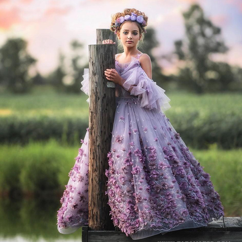 

Chic Purple Spaghetti Straps 3D Floral Appliqued Flower Girls Dresses Floor Length Pearls Kids Pageant Dress, Champagne