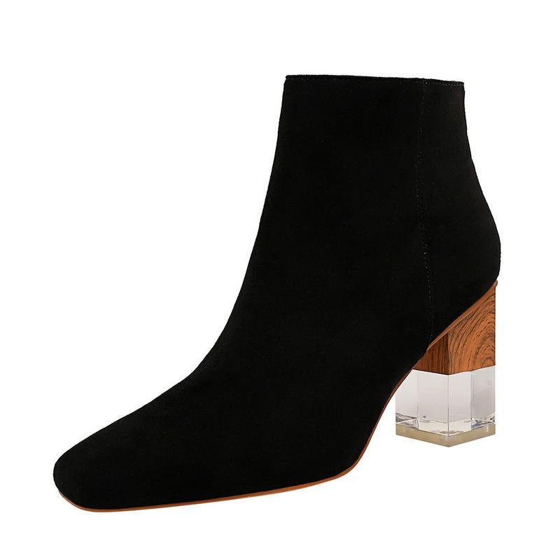 

UMMEWALO Ankle Length Flock Boots Women Fashion Square Toe High Heel Shoes Winter Ankle Boots Ladies Shoes 298-2, As pic
