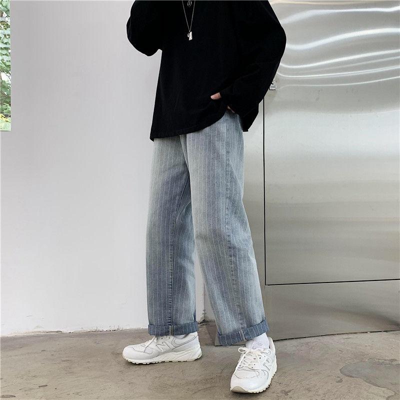 

Autumn Striped Jeans Men' Fashion Retro Casual Straight Jeans Men Streetwear Wild Loose Hip-hop Korean Denim Trousers Mens, Black