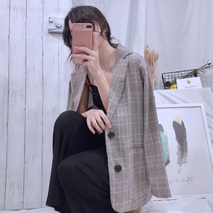 

High Quality Vintage Double Breasted Plaid Women Blazer Pockets Jackets Female Retro Suits Coat Feminino Blazers Outerwear, Gray