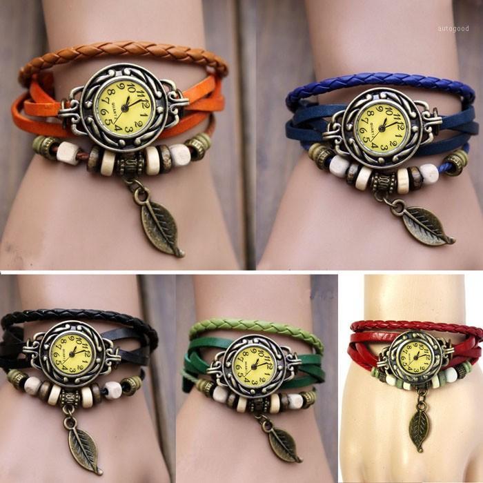 

Wristwatches Watches Womens Bracelet Wristwatch Weave Wrap Vintage Quartz Dress Watch Leather Leaf Beads Wrist Gift Clock1