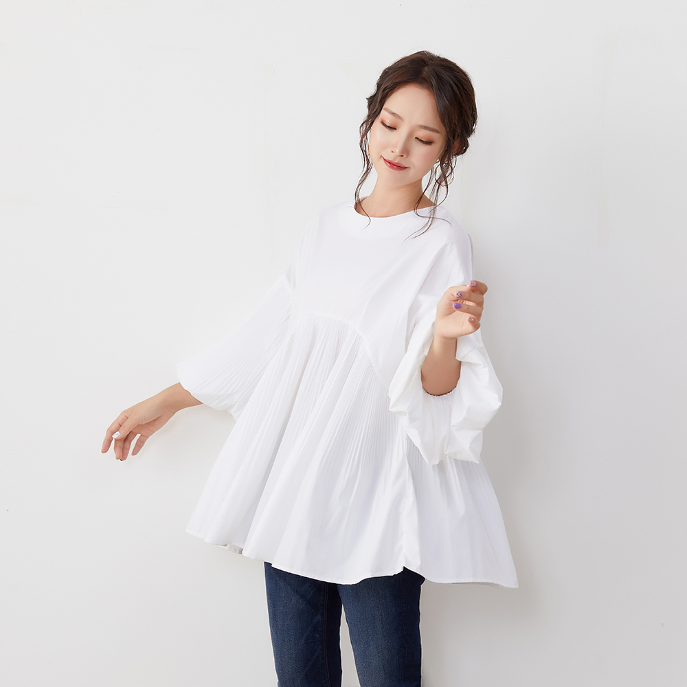 

2021 New Blouse Hot Spring Nine Point Sleeve Patchwork Women Japan Style Female Pleated Shirts White Tops BMUA