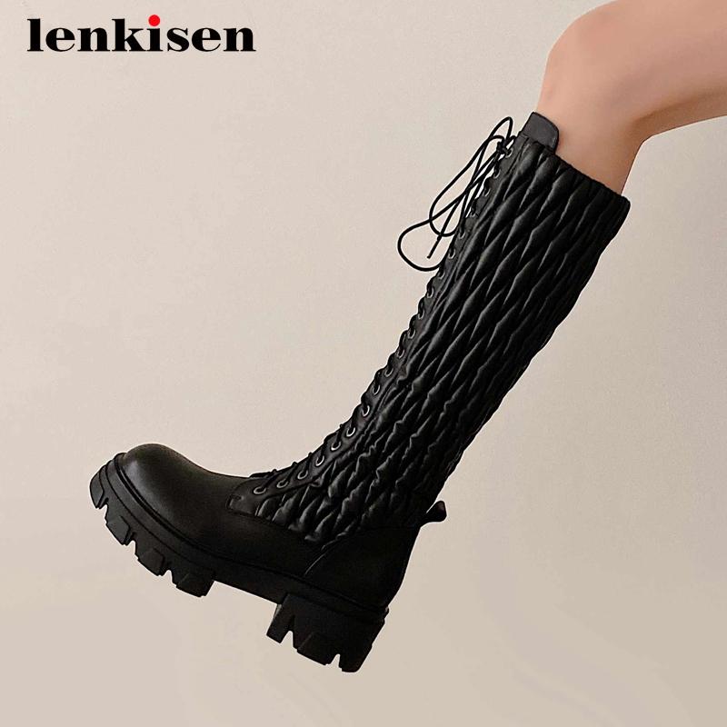 

Lenkisen riding boots real cow leather single cross-tied round toe thick high heel lace up keep warm fashion knee high boots L31, Black