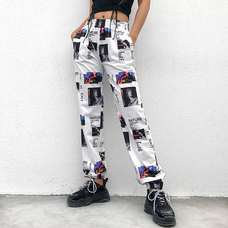 

SUCHCUTE Cargo Pants Women With Print Wide Leg Trousers High Street Punk Female Breeche Harajuku Harem Pant Pantalon Cargo Femme 201106, White pants