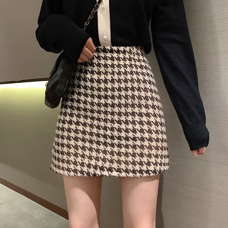 

2021 Female Dress Plaid High Waist Thin Buttocks Short Line Mini New Woman Black Beige Skirt 1uqw