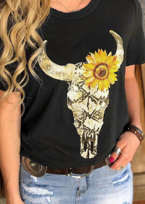 

Women Steer Skull Sunflower t shirt Ladies Vintage T-Shirt Plus Size Tumblr Clothes Black graphic Top Tee Black camisas mujer Y200111, Beige