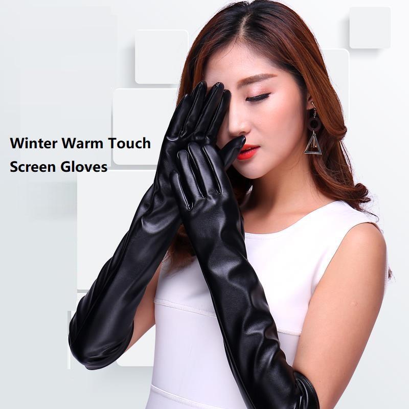 

Five Fingers Gloves Women Winter Touch Dcreen 2021 Ladies PU Leather Warm Driving High-End Fashion Comfortable Long Black