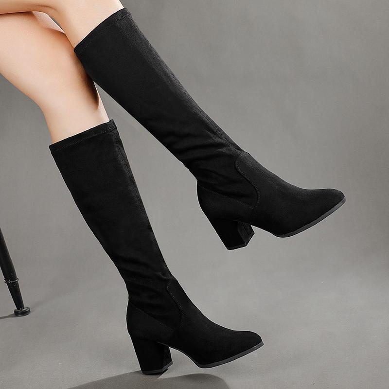 

Fashion Black Long Boots Women Over The Knee Boots High Heels Winter Women Square Toe Booties Female Botas Mujer