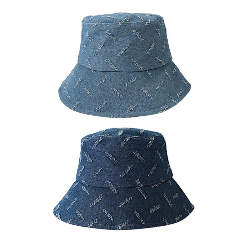 

Women Summer Vintage Denim Bucket Hat Distressed Scar Stripes Pattern Wide Brim Sun Protection Outdoor Fisherman Cap