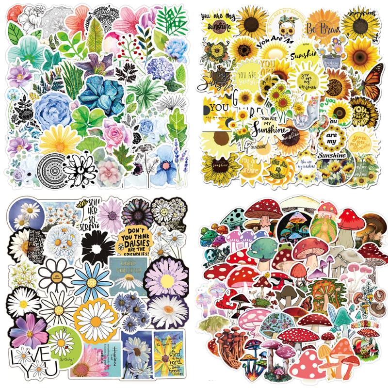 

50/100pcs Plant Mushroom Flower Stickers For Notebooks Stationery Scrapbooking Material Adesivos Craft Supplies Stickers