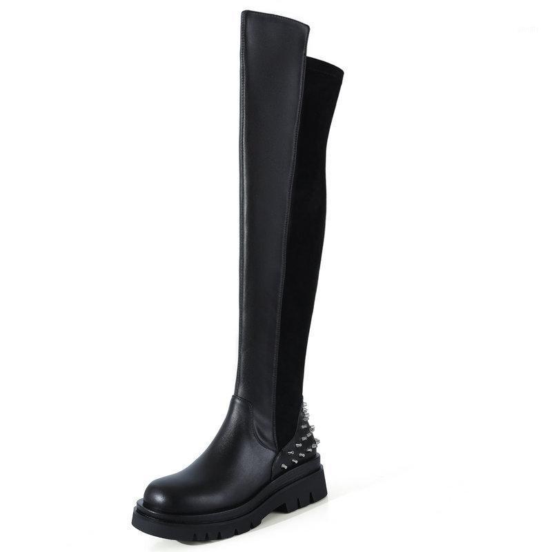 

New Long Warm over the knee boots Sexy genuine leather Socks Boots Dancing Night Club Shoes Woman rivets Ladies motorcycle1, Black