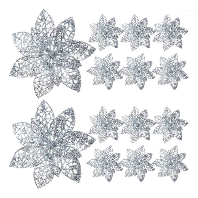 

50 Pieces Glitter Christmas Tree Ornaments Artificial Wedding Christmas Poinsettia Flowers for Decoration1, Silver