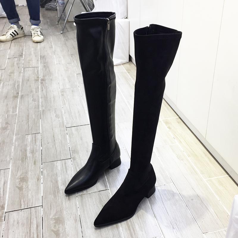 

Women's Over Knee Boots Black Pointed Toe Low Heels Leather Shoes B127, 01