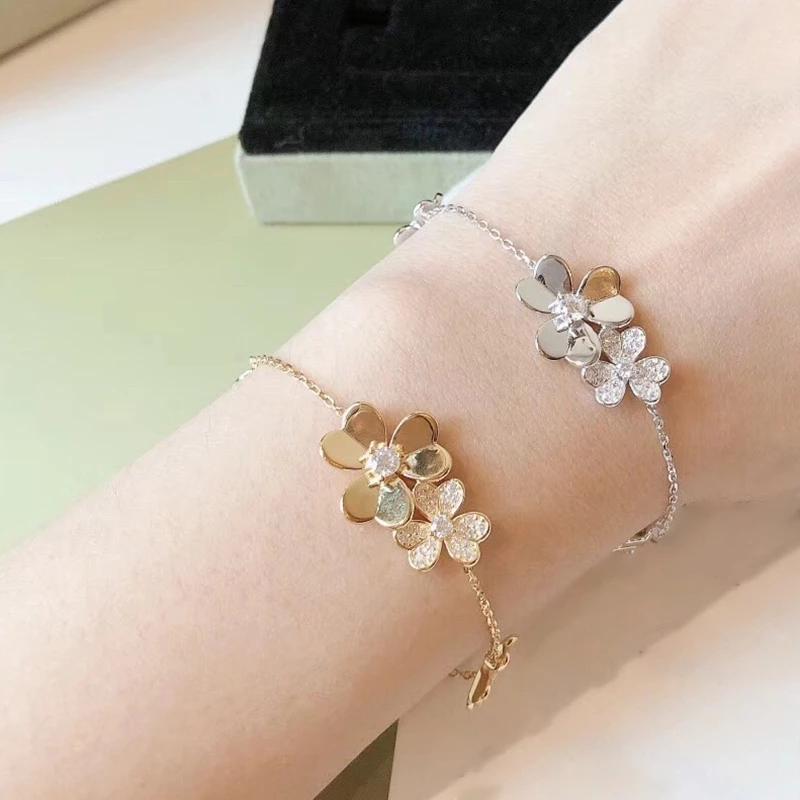 

Bangle Brand Pure 925 Sterling Silver Jewelry For Women Chain Clover Bracelet Praty Wedding Gold Color Flower