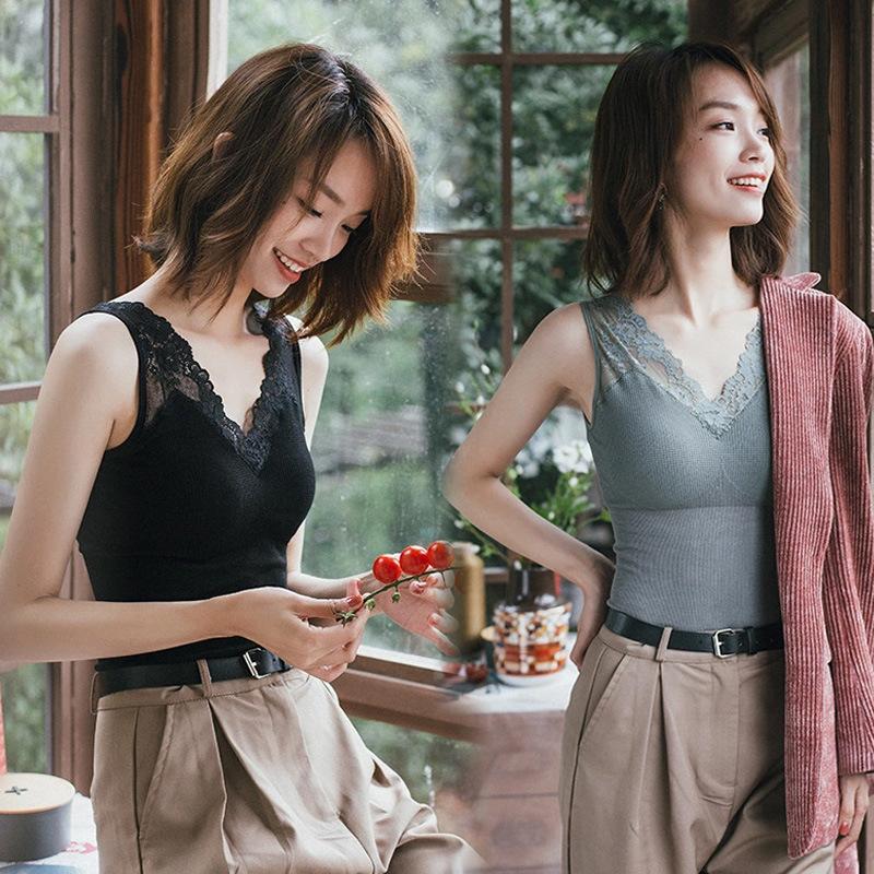 

Autumn and winter V neck chest padded lace terry thermal vests women Waffle underwear slim sister matching outfits camisole new, Black