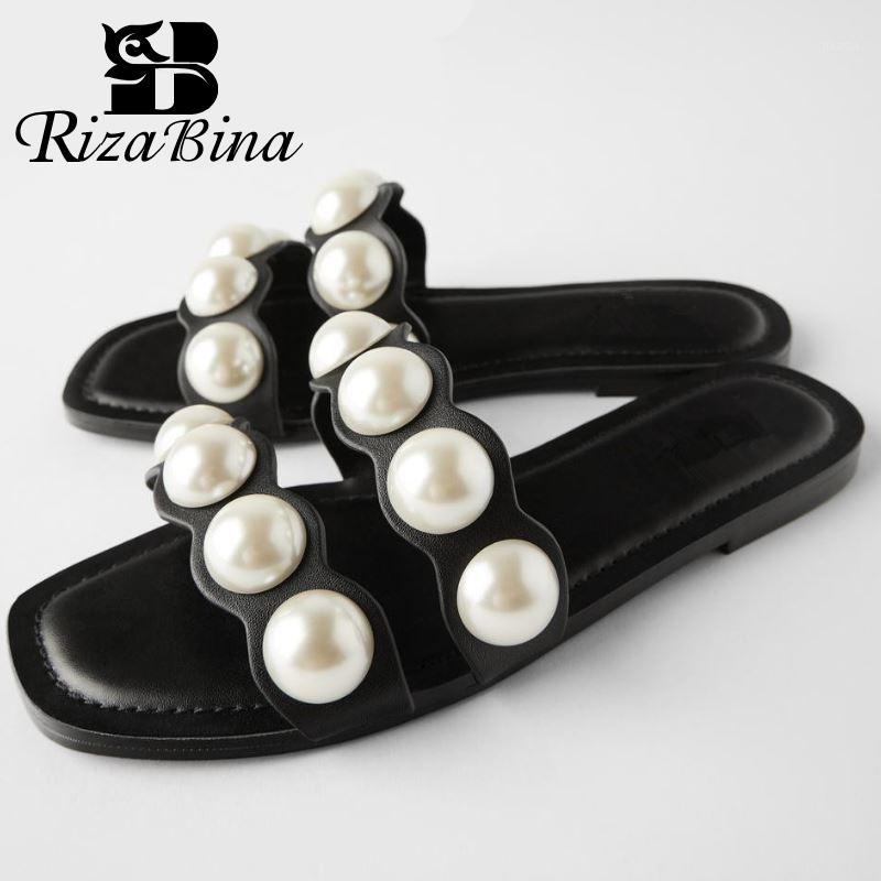 

RIZABINA New Women Sandals Shoes String Beads Woman Slippers Shoes Casual Solid Color Fashion Footwear Size 33-401, Black