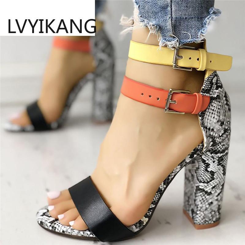 

Sandalias Mujer 2020 Women's Ladies Fashion Mixed Colors Snake High Heels Buckle Sandals Casual Shoes Dropship M#24, Gray