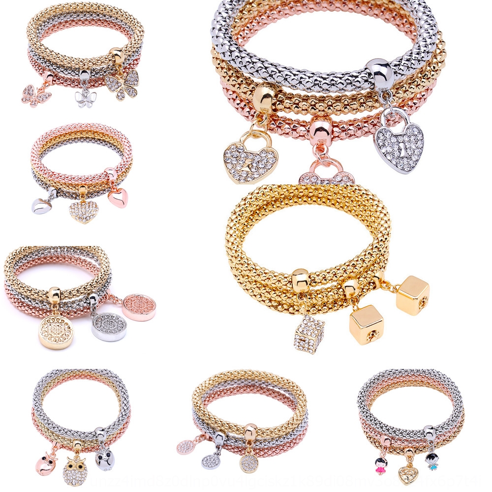 Juego de 3 Piezas Niña//Dama Cristal Corona PEDANT Pulseras Cadena de palomitas de maíz Elástico