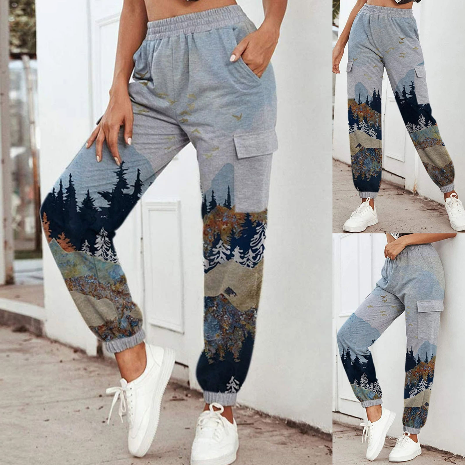 

5xl Women' Plus Size Mountain Treetop Print Pocket Outdoor Sports Running Athletic Pants 201113, Blue