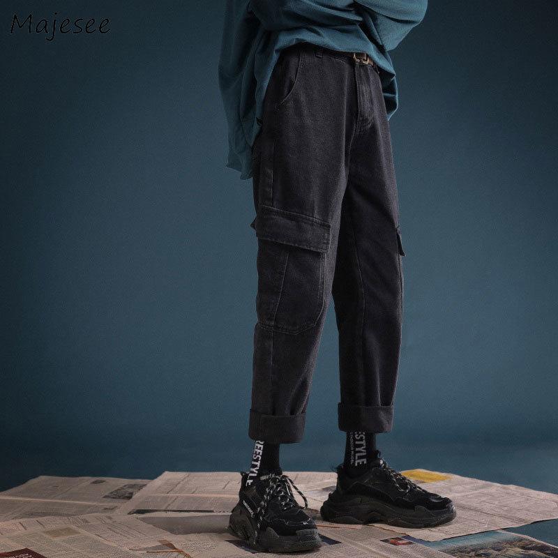 

Men Jeans Plus Size 3XL Solid Straight Ankle Length Multi Pockets Hip Hop Loose Males Leisure Chic Trendy Baggy Retro Denim New, Black